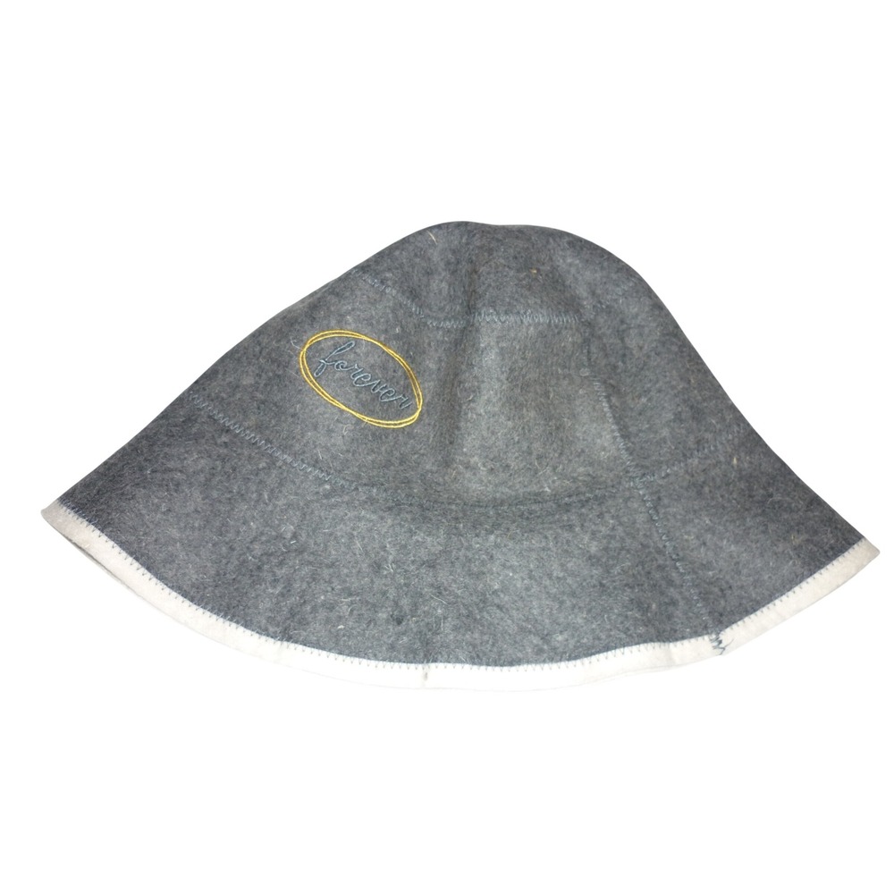 Gray Wool Felt Sauna Hat Forever Embroidery White Trim Banya Spa Accessory